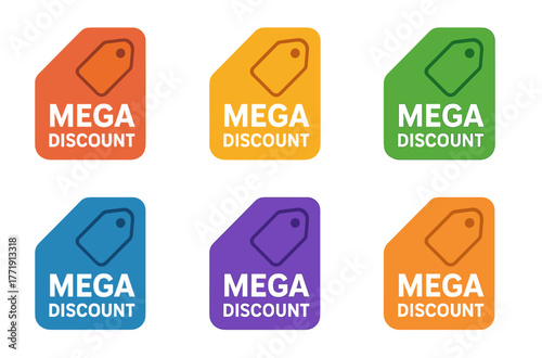 Colorful mega discount tags in red, orange, yellow, green, blue, purple