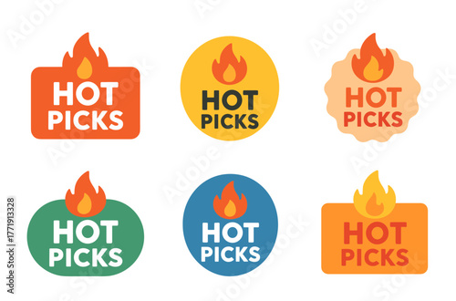 Set of colorful hot picks icons with flame design