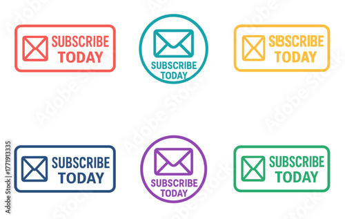 Colorful email subscription icons with envelope and subscribe today text
