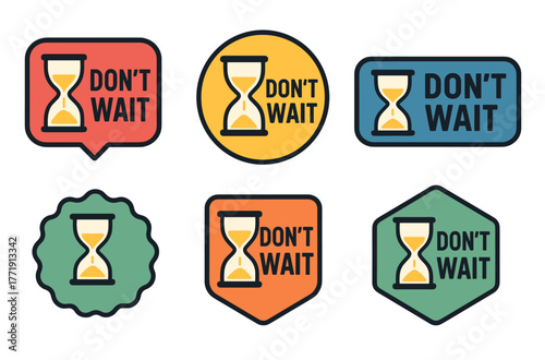 Don't wait icons with hourglass in various shapes and colors
