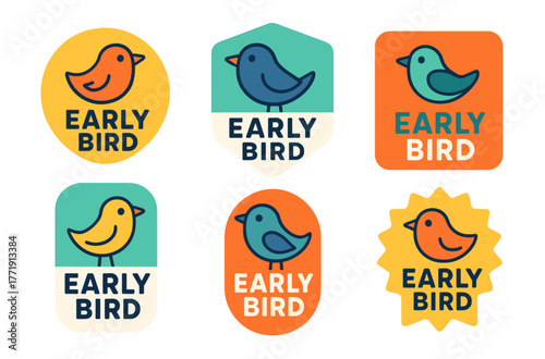 Colorful early bird icons in various shapes and backgrounds