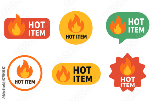 Set of colorful hot item stickers with flame icons in various shapes