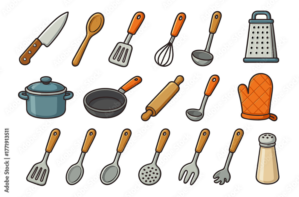 Fototapeta premium Colorful collection of essential kitchen tools and utensils