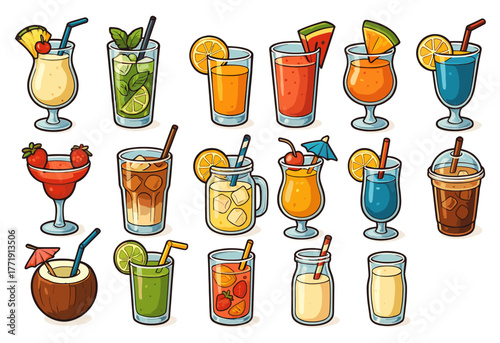 Variety of colorful drinks in glasses with fruits and garnishes