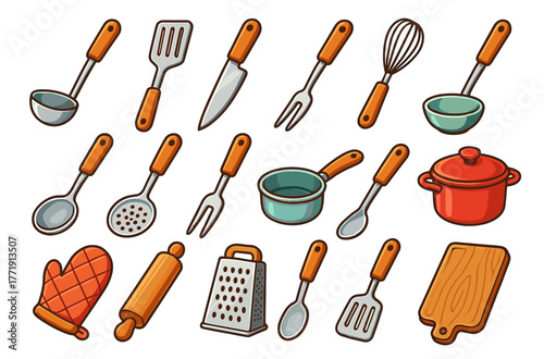 Collection of cartoon kitchen utensils including pots, pans, and cutlery