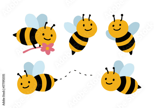 Cute Bee Illustration Set | Flat Vector Honey Bees and Flowers