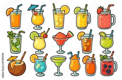 Colorful variety of refreshing summer drinks and cocktails with fruits