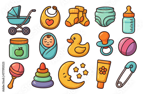 Colorful baby essentials collection with toys, clothing, and accessories