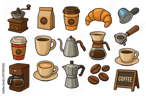 Collection of coffee items including cups, beans, and coffee maker accessories