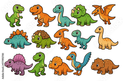 Cute cartoon dinosaurs collection featuring various species in bright colors