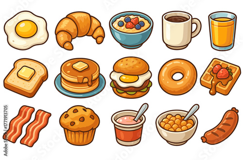 Wallpaper Mural Colorful breakfast icons featuring eggs, croissant, cereal, coffee, juice, toast, pancakes, and more Torontodigital.ca