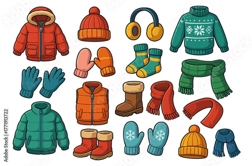 Colorful winter clothing collection with jackets, hats, gloves, scarves, and boots
