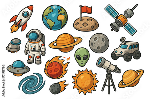 Colorful space exploration icons: planets, astronaut, spaceship, alien, telescope, satellite