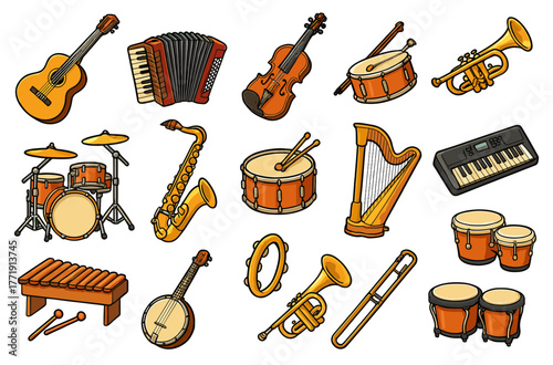 Collection of various musical instruments on white background