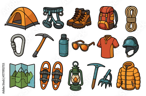 Outdoor adventure gear collection featuring tent, boots, backpack, and climbing essentials