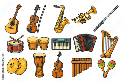 Colorful collection of various musical instruments including guitar, violin, saxophone, trumpet, flute, drums, and harp