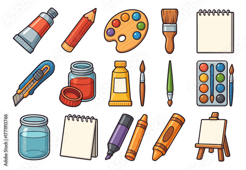 Art supplies collection: paints, brushes, pencils, palettes, canvases, and more