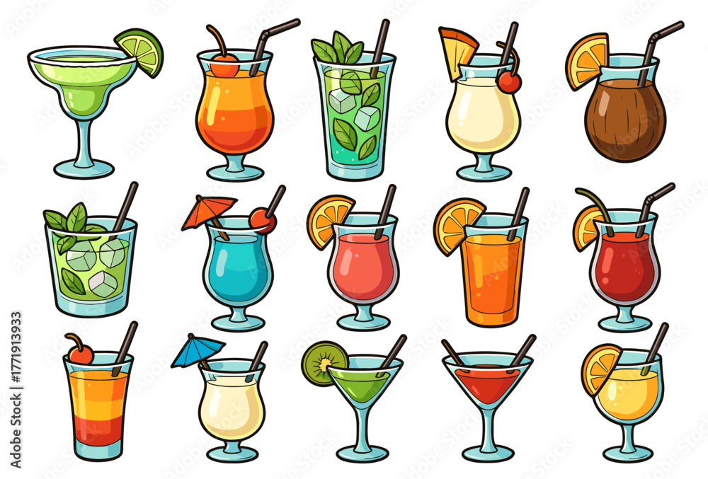 Fototapeta premium Assorted colorful cocktails with garnishes and straws