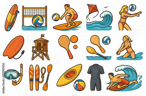 Cartoon beach activities with surfing, volleyball, and kite flying