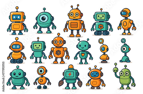 Collection of colorful cartoon robots with whimsical designs