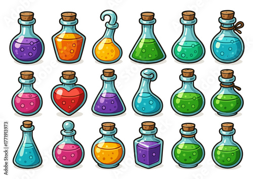 Colorful cartoon potion bottles with unique shapes and corks