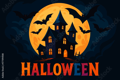 Spooky haunted house with full moon and bats on halloween night