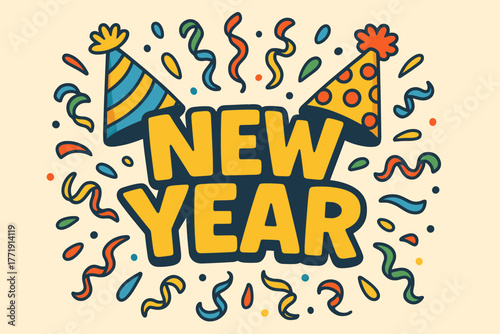 Colorful new year celebration with party hats and confetti