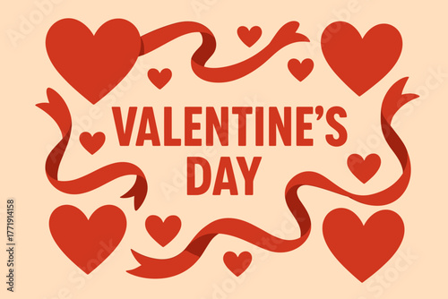 Valentine's day celebration with red hearts and ribbons on beige background