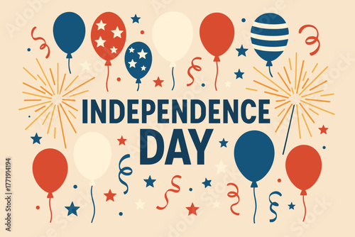 Festive independence day celebration with balloons and fireworks