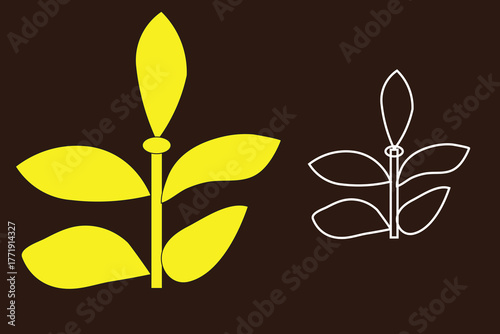 Stylized yellow plant sprout icon and its linear outline version for a modern logo design