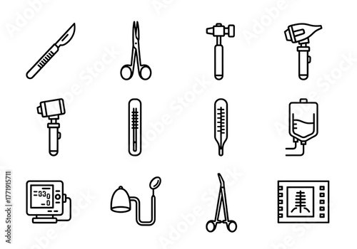 Medical equipment icons set, healthcare and medicine isolated on transparent background