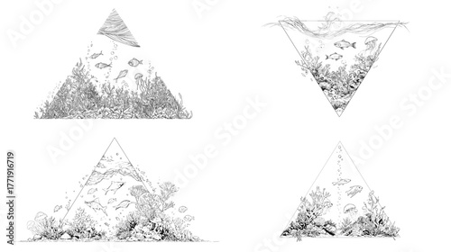 Hand-drawn triangle aquarium illustration showing coral reefs, tropical fish, and marine plants. Artistic geometric ocean design for posters, prints, and modern environmental art.