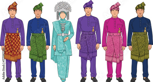 Traditional Malay attire, Baju Melayu, bridal fashion, cultural clothing, wedding outfit, ceremonial wear, heritage style, group portrait, festive dress, Malaysia