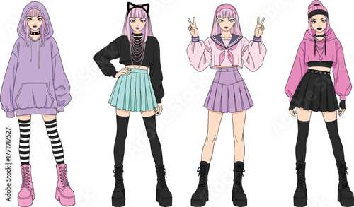 Streetwear fashion, alternative style, purple hair characters, cropped hoodies, pleated skirts, platform boots, edgy outfits, fashion illustration, youth vibe, character design