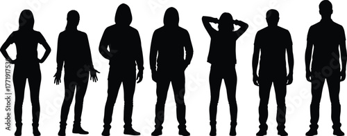Silhouette group, diverse poses, fashion outline, body language, identity concept, minimal style, black figures, attitude, urban vibe, contrast