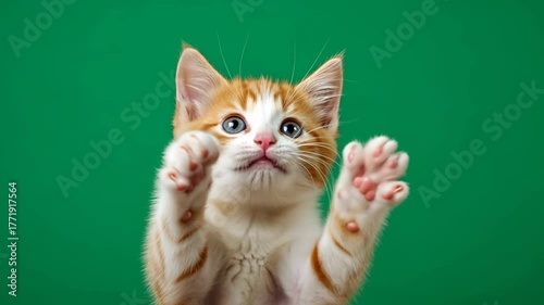 Orange and white kitten ready to playfully bat up on a green background for chromakey footage