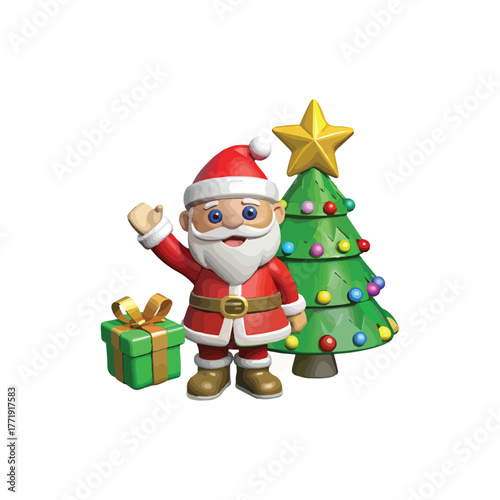 Cute sancta waving behind a Christmas tree with gif on white background