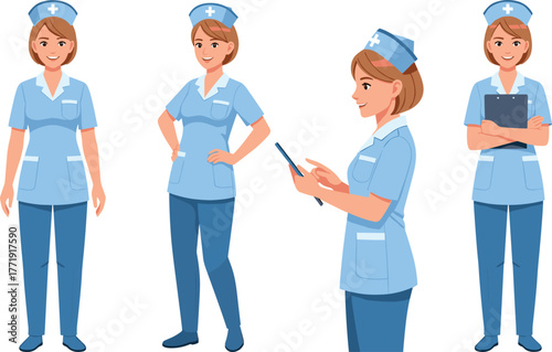 Nurse illustration, medical uniform, healthcare worker, professional pose, hospital staff, clipboard, confident nurse, medical character, nurse activity, smiling nurse