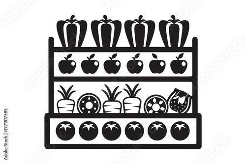 Grocer's shelves are laden with fresh monochrome produce including peppers, apples, carrots, orange slice, and tomatoes