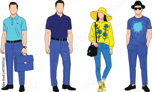 Men’s fashion styles, casual outfit, business look, trendy attire, color coordination, illustrated characters, modern clothing, accessories, stylish poses, diversity