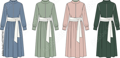 Long-sleeved dresses, high neckline, sash waist, modest fashion, color variations, ankle-length style, elegant design, fashion comparison, dress lineup, style reference