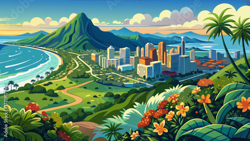 Very beautiful panoramic view from Tantalus Lookout at Puu Ualakaa State Park, Oahu, Hawaii, USA, showcasing Honolulu city, Diamond Head volcano, lush greenery, and tropical island scenery under a 