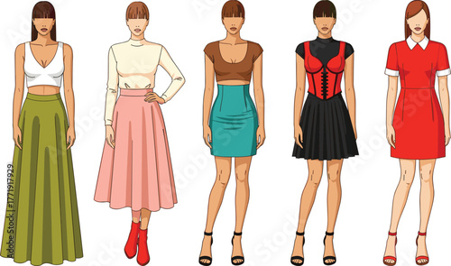 Fashion illustration, stylish women, outfit variety, modern clothing, trendy looks, female figures, casual wear, elegant style, skirt design, dress inspiration