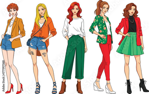 Fashion illustration, stylish women, outfit variety, color mix, modern clothing, trendy looks, blazer styles, shorts, skirts, heels, accessories