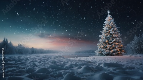 Magical winter Christmas landscape tall snow-covered Christmas tree decorated lights on the shore of a frozen reservoir covered deep snow under starry sky during snowfall