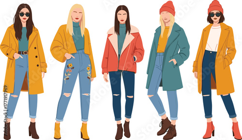 Fall fashion, winter outfits, stylish group, modern clothing, layered look, trendy coats, boots, accessories, casual chic, seasonal style inspiration
