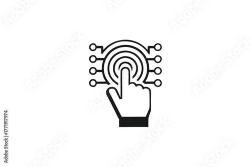 Human finger presses against the target connected to the digital circuit in black icon