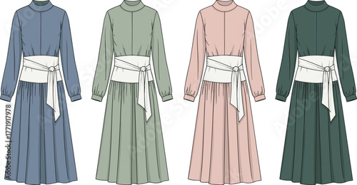 Elegant dresses, high neckline, long sleeves, gathered skirt, sash waist, modest fashion, color variation, formal wear, dress lineup, style reference