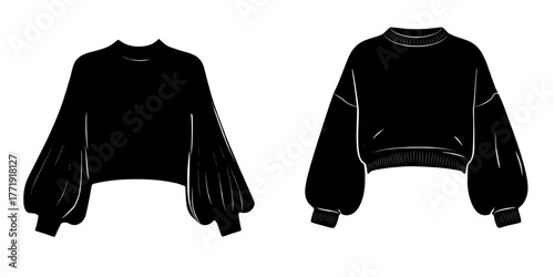 A fashion design style model is depicted in a technical drawing template of a knitted sweater with a ribbed round neck, long balloon sleeve, cropped and slouchy fit, and loose hem and cuff