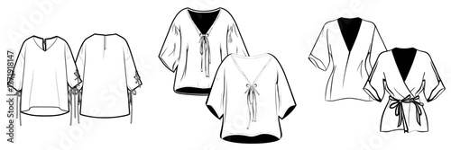 The technical drawing template for a Tunic Blouse showcases a loose fit, front and back view, and a white women's top in a CAD mockup